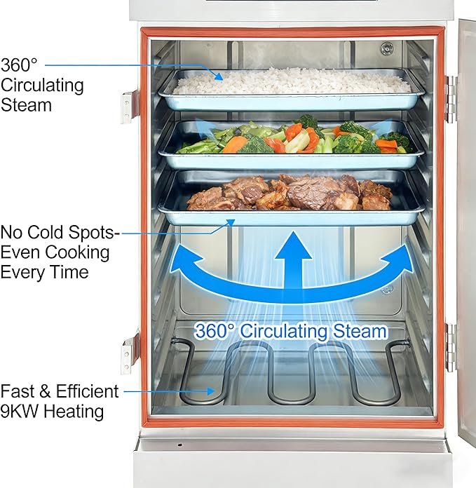 Commercial Electric Steaming Cabinet 8 Trays Intelligent Food Steamer Stainless Steel with Timer Appointment, Auto Water Refill, Anti-Dry for Restaurant/Canteen/Hotel Kitchen 220V 9KW 1PH