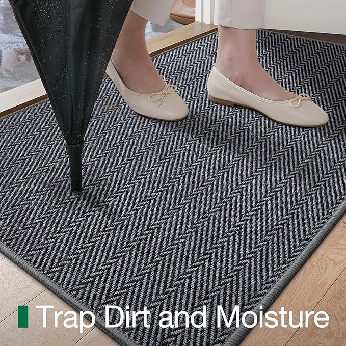 LUMI Ultra Thin Indoor Door Mat for Entrance 24"x36", Non Slip Entryway Mat, Low Profile Doormat, Unique Herringbone Design Carpet for Inside, Patio, Porch, Medium Gray