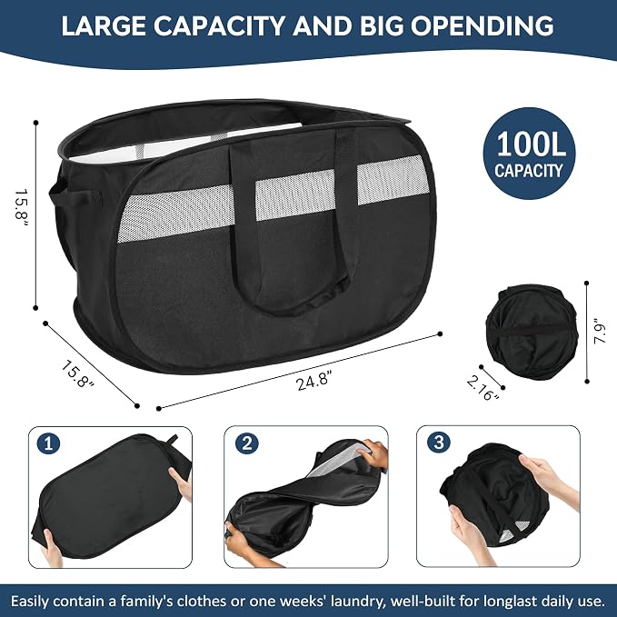 100L Collapsible Laundry Baskets, Foldable Dual Handle Laundry Hamper Black | - Image 3