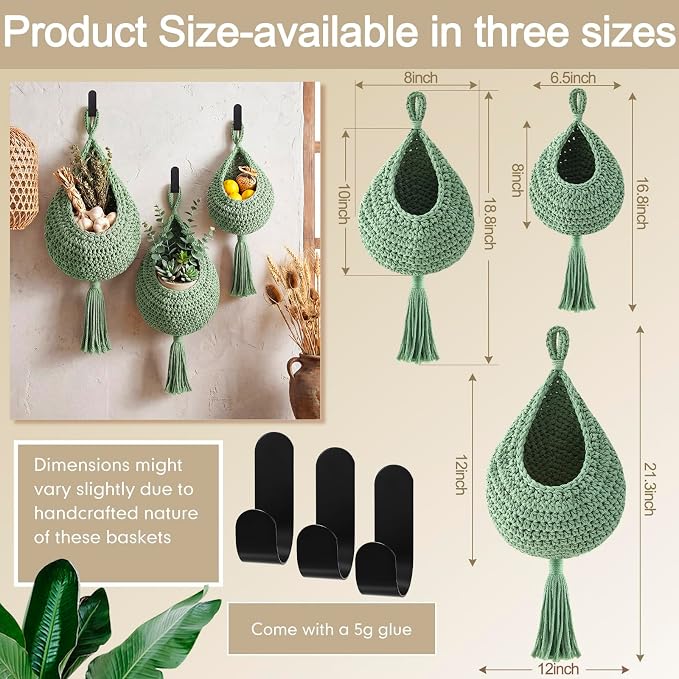 Honeydak 3 Hanging Baskets, Sage Green, Cotton Rope - Image 2
