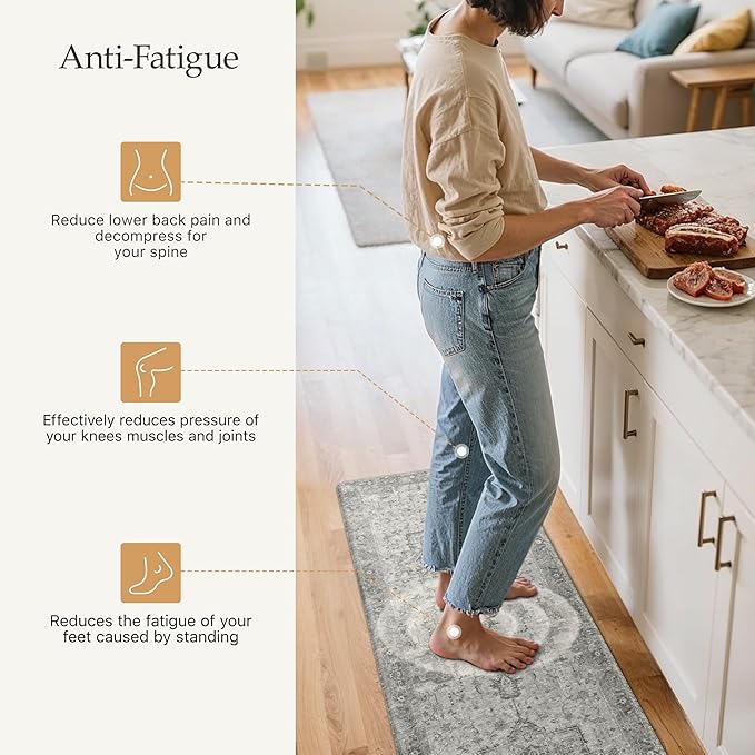 GENIMO Kitchen Mats for Floor 2PCs, Washable Anti Fatigue Mat for Cushioned, 17.3"x47"+17.3"x30", Waterproof Kitchen Rugs, Non Slip Comfort Standing Mat Rug for Home, Sink, Laundry, Stone Gray