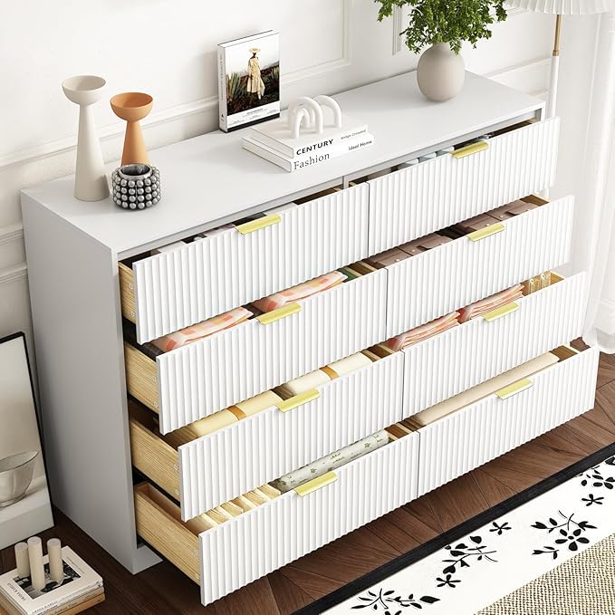 8 Drawer Dresser for Bedroom, Modern Fluted Double Dresser, 55" Wide Chest of Dressers, Wooden Beside Table for Closet, Living Room and Entryway, White