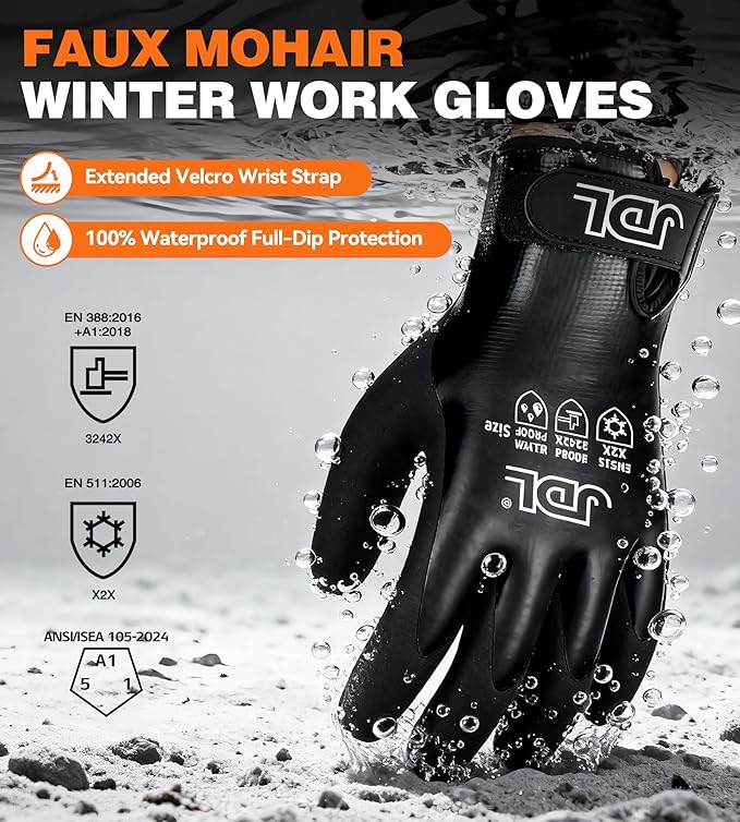 JDL Faux Mohair 100% Waterproof Winter Work Gloves for Men and Women – Extra Warm, Thermal Insulated Freezer Gloves