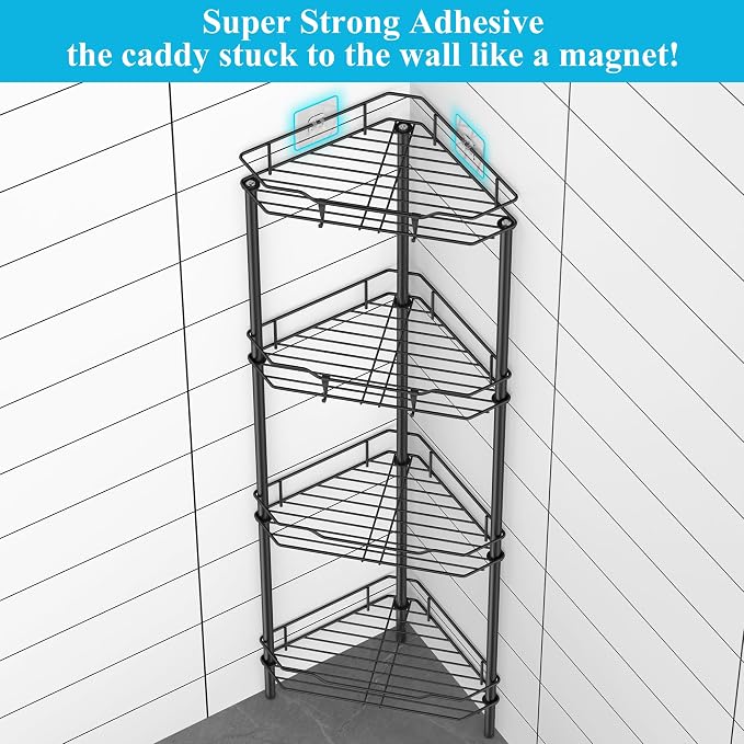 HuggieGems Metal Floor Standing Corner Shower Caddy, Matt Black, 4 Tier - Image 2