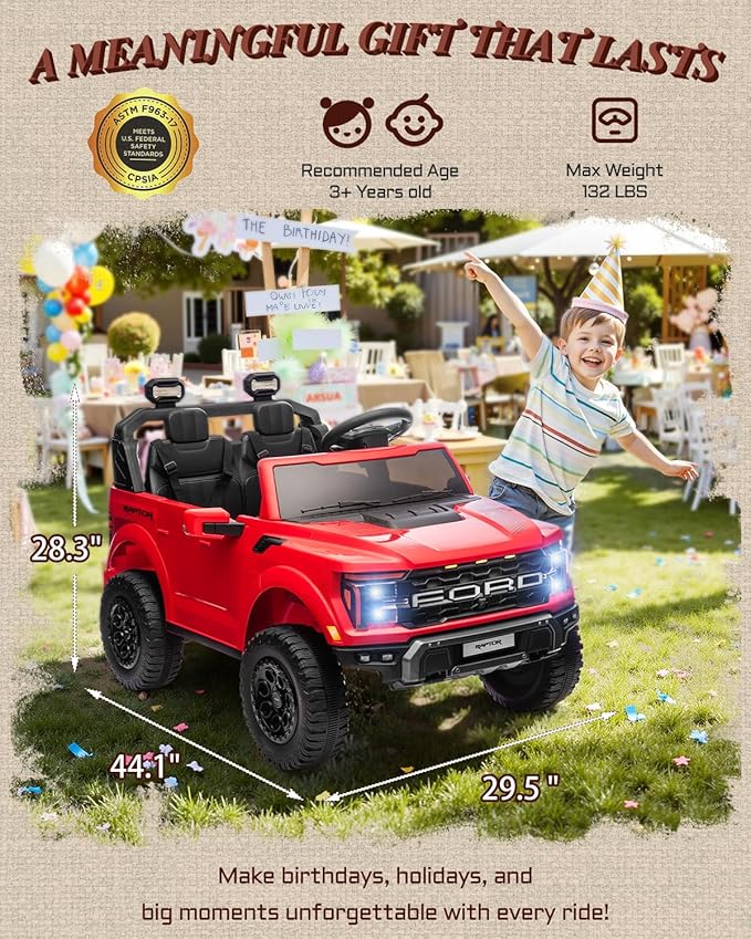 First Ride On 24V 2 Seater Ride on Toys for Kids, Licensed Ford F-150 Raptor Kids Electric Vehicles w/Remote Control, Power Pedal and Durable Wheels, LED Lights, Bluetooth, Truck Bed Storage (Red)