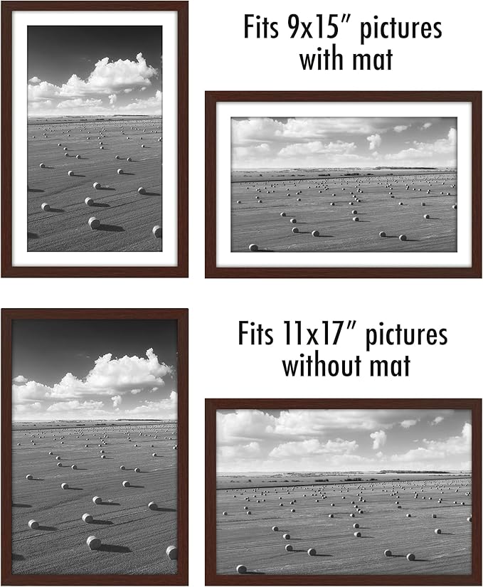 Americanflat 11x17 Picture Frame with Polished Plexiglass - Set of 5 - Use as 9x15 Frame with Mat or Display 11x17 Photo Without Mat - Galleria Collection - Picture Frames for Wall Display - Mahogany