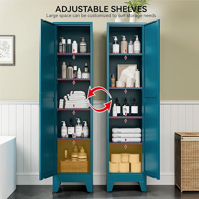 COFaR 67" Tall Pantry Cabinet, Peacock Blue Storage Cabinet with Magnetic Door & 4 Adjustable Shelves, Slim Freestanding Cupboard for Bathroom, Kitchen