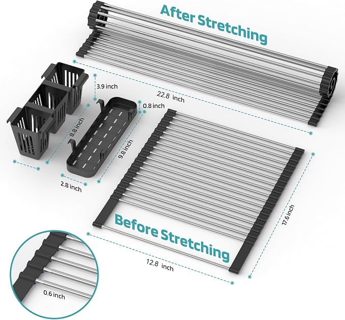 BBXTYLY Extra Large Black Expandable Roll Up Dish Drying Rack Up to 22.8''with - Image 3