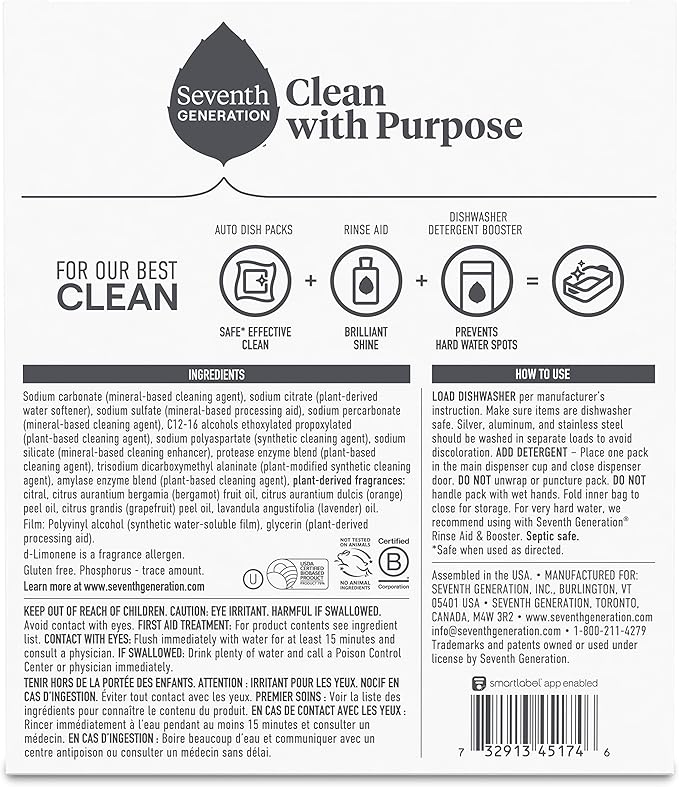 Seventh Generation Power Plus Dishwasher Detergent Packs Fresh Citrus scent for sparkling dishes Dishwasher tabs 40 count