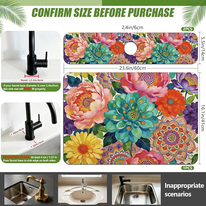 3 Pcs 2 Size Kitchen Sink Splash Guard Faucet Mat Datura Flowers Pattern Faucet - Image 2