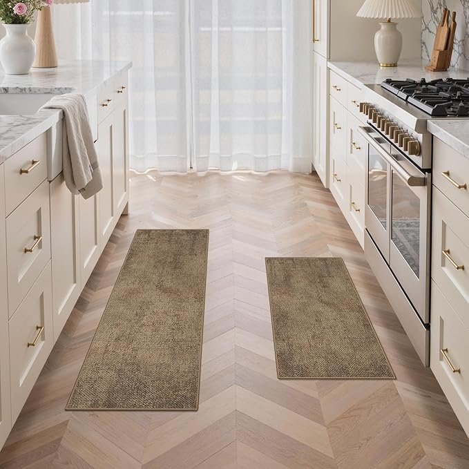 GENIMO Kitchen Mats for Floor 2PCS, Washable Absorbent Runner Rugs for Kitchen, 17.3"x47"+17.3"x30", Cushioned Non Slip Kitchen Rugs for Kitchen Floor,Standing Mat Rug for Home, Sink, Laundry, Jute