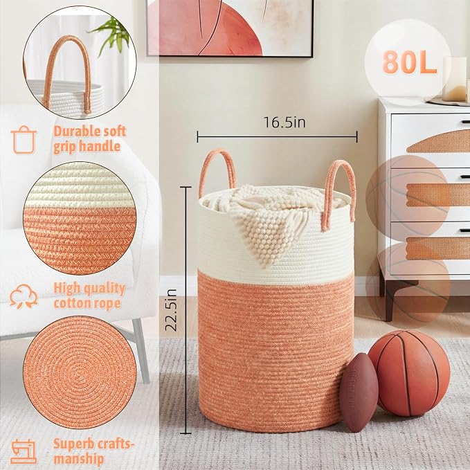 Laundry Basket, Woven Cotton Rope Laundry Hamper, 80L - Image 6