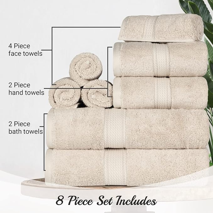 SUPERIOR Egyptian Cotton Ultra Plush & Absorbent, 8 Piece Set, Cream | Quick Dry - Image 8