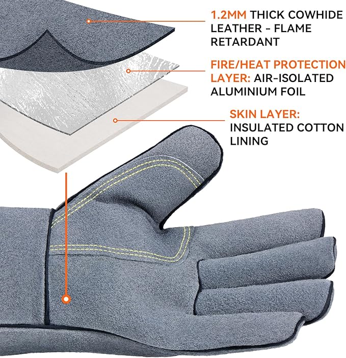 OZERO 932°F Heat Resistant Forge Welding Gloves 14 inches Cowhide Leather - Long Sleeve and Insulated Lining Grill Glove for Tig Welder/Mig/Barbecue/Stove Gray