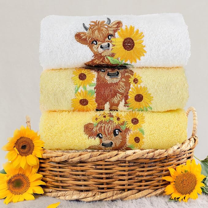 3 Pcs Sunflower Highland Cow Hand Towels Bathroom Kitchen Decor | Embroidered - Image 5