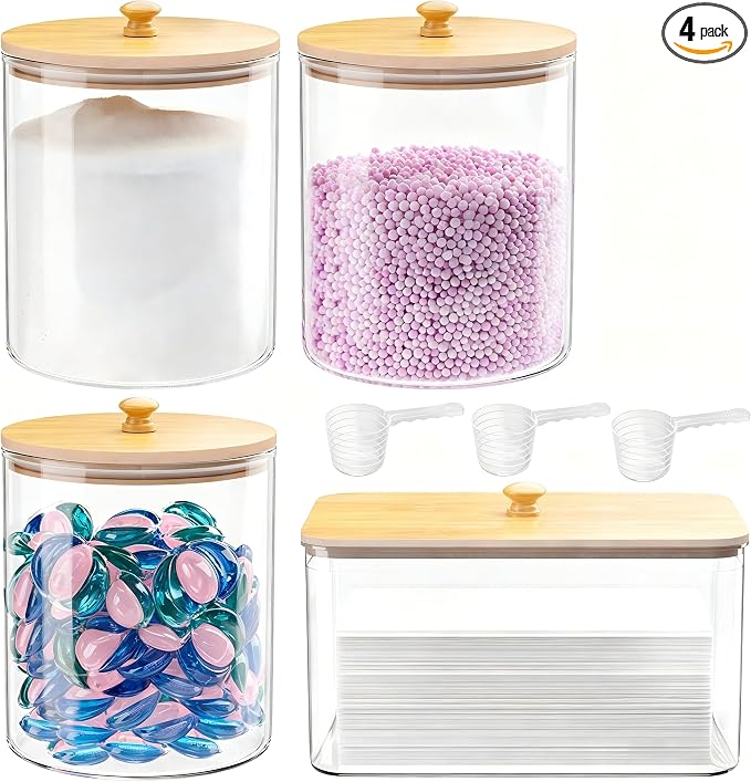 3+1 Pack Glass Laundry Pods Container & Acrylic Dryer Sheet Holder, Powder by Unknown
