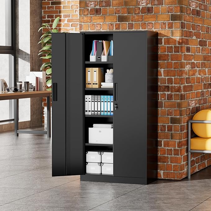 Greenvelly 72" H Metal Storage Cabinet, 32" W x 16" D Black Metal Cabinet with 2 Doors and 4 Adjustable Shelves, Locking Cabinets for Office, Home, Garage, School