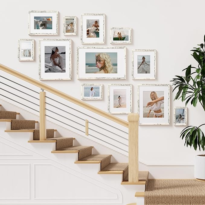 Vittanly 8.5x11 Picture Frame Set of 2, Solid Wood Frame for Wall or Tabletop, Display Photo 6x8 with Mat or 8.5x11 without Mat, Distressed White
