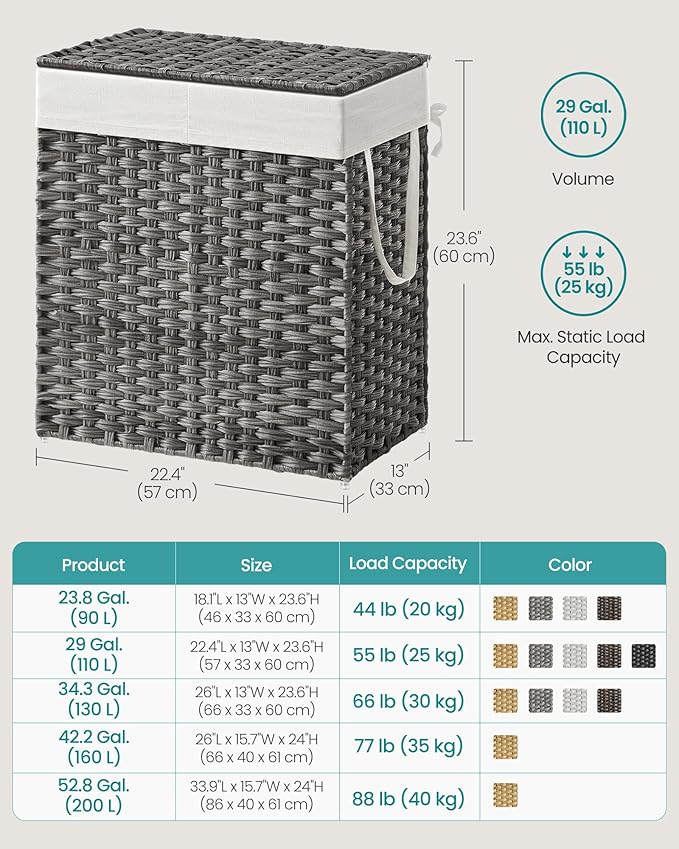 SONGMICS Laundry Hamper with Lid, 110L Double Wicker Basket, 6 Mesh Bags - Image 6