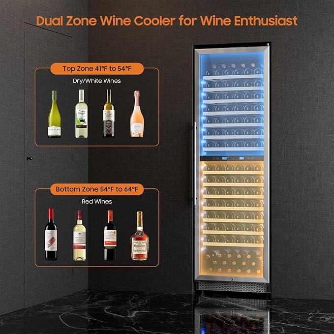 Wine Fridge 24 Inch-177 Bottle Wine Cooler Dual Zone Freestanding/Built-In with Upgraded Compressor, Low-Noise Wine Cellar & Intelligent Temperature Control