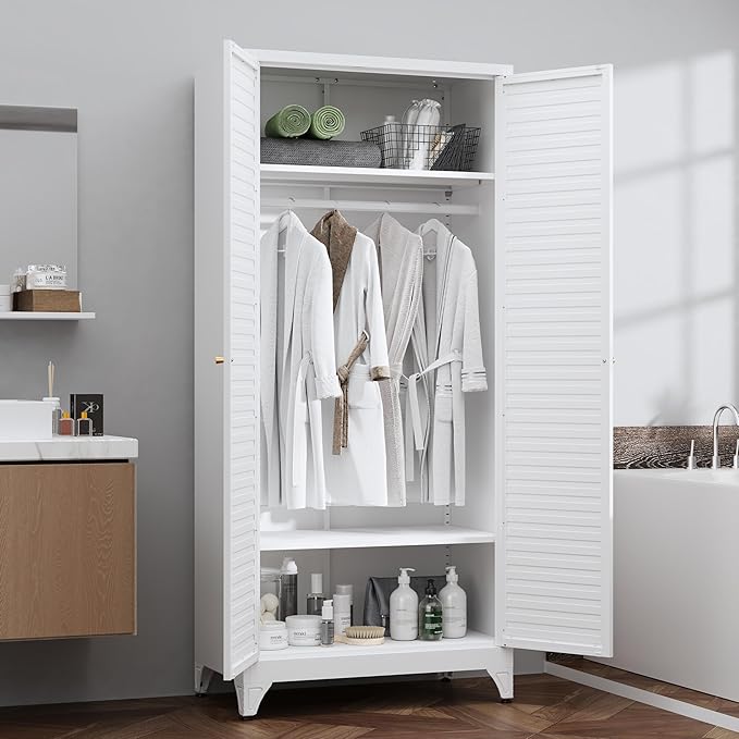 71" Metal Wardrobe Cabinet with Hanging Rod,Armoire Wardrobe Closet with Doors and Adjustable Shelves, Whiet Clothing Storage Cabinets for Bedroom,Office,School,Hospital