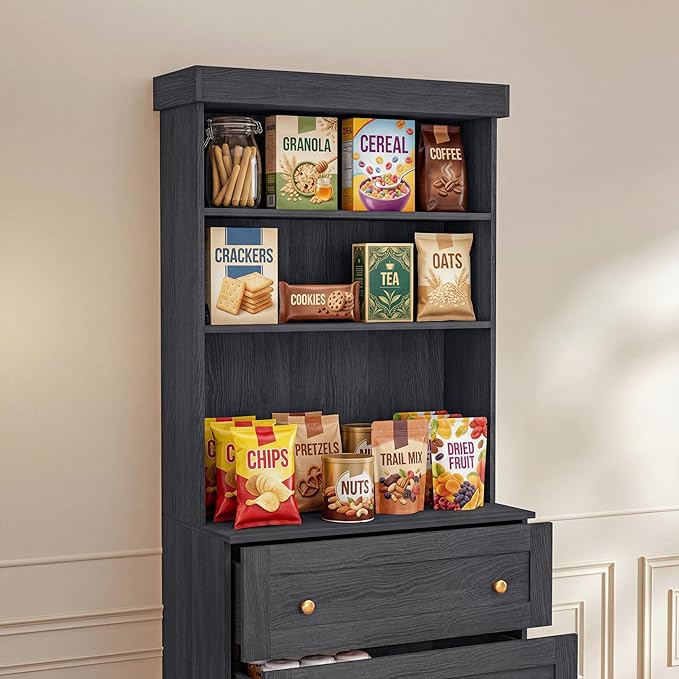 Vyre 71" Farmhouse Kitchen Pantry Cabinet, Black Freestanding Coffee Bar Hutch with Drawers & Adjustable Shelves, Large Storage Cabinet with Microwave Stand for Living Room & Kitchen