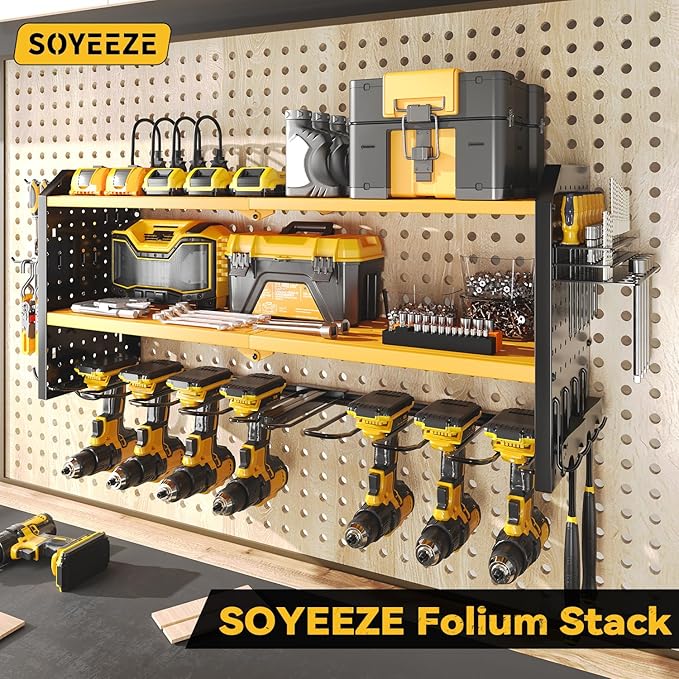 SOYEEZE Large Power Tool Organizer Wall Mount with Charging Station, 3 Layer Heavy Duty Metal Tool Storage Rack with 8 Drill Holder, Tool Holder Built in 8 Outlet Power Strip (Yellow)