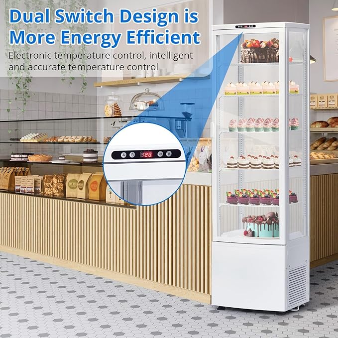 PeakPursuit Countertop Refrigerator 10.9 Cu.ft, 5-Tier Pastry Display Case with LED Lighting, Frost-Free, Sliding Door, Adjustable Shelves, Commercial Fridge for Bakery Cafe Restaurant, White