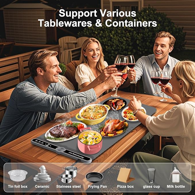 Extra Large Warming Mat for Food XXL:40”X15” Soft Electronic Food Warmers for Parties Buffet Silicone Food Warming Mat 6-Level Timer 9-Level Temp Control 18H Auto-Off 8S Fast Heating Grey