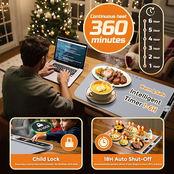 Warming Mat for Food, 24"x15" Food Warmer with 9-Temperature Adjustable, 1-6H Timer Electric Warming Tray Heat 6 Dishes, Child Lock, 8s Fast Heating, Foldable Food-Grade Silicone
