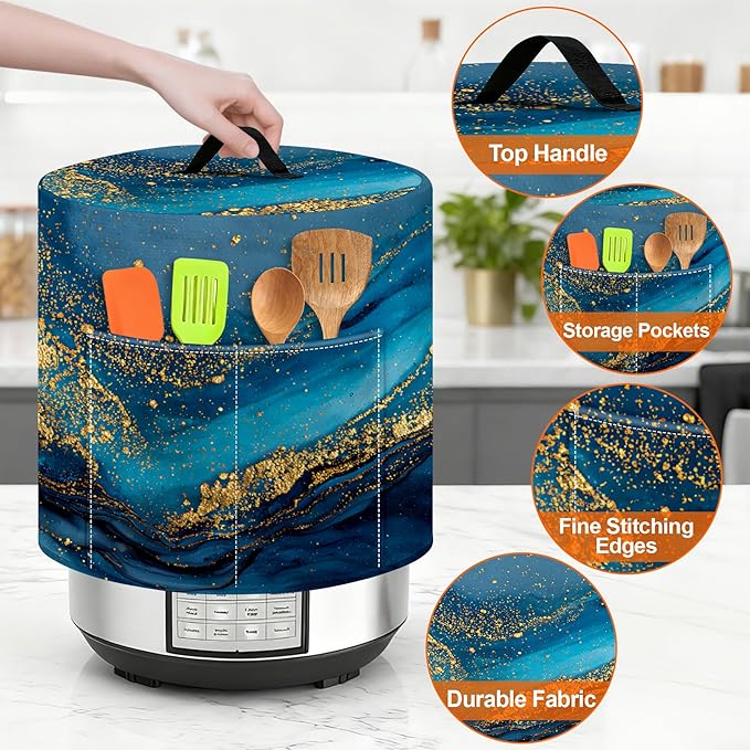 Kitchen Appliance Accessories Dust Cover for 3-6-8 Quart Instant Pot, Pressure Cooker, Air Fryer & Crock Pot,Decorative Appliance Cloth Cover with Top Handle & Storage Pockets (Deep Blue, 6 Quart)