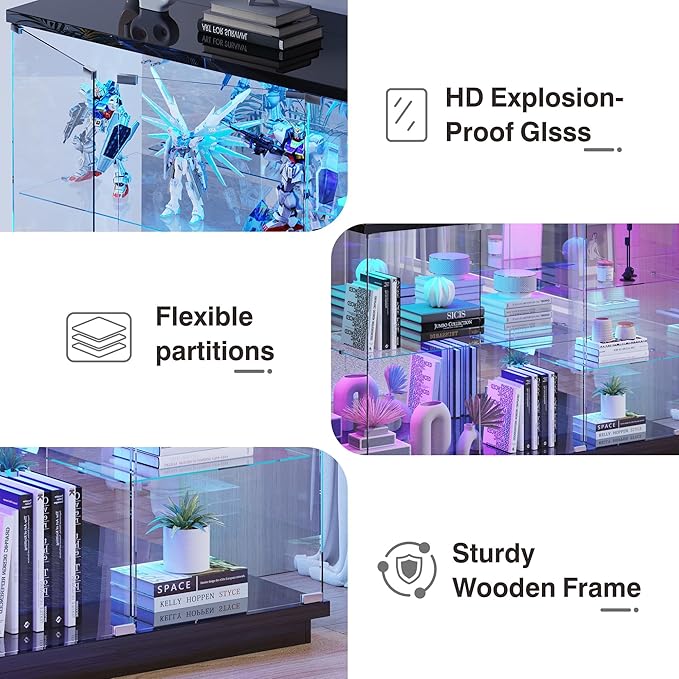 Lvifur RGB Glass Display Cabinet - with Lock, High Gloss Sideboard with Human Body Sensor & Glass Shelves for Toys, Books, Collectibles, Liquor, Bookcase for Living Room, Kitchen, Study, Black