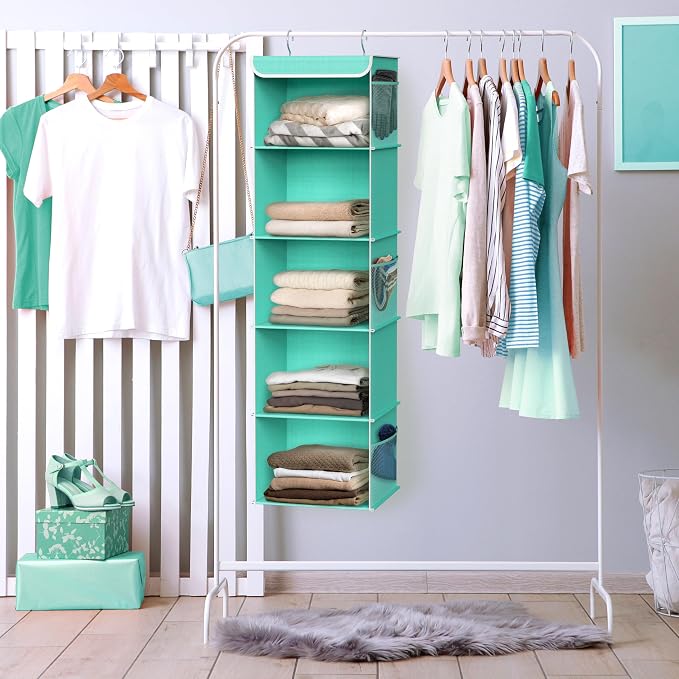 Simple Houseware 5 Shelf Hanging Closet Organizer, Turquoise | 360° Rotating - Image 5