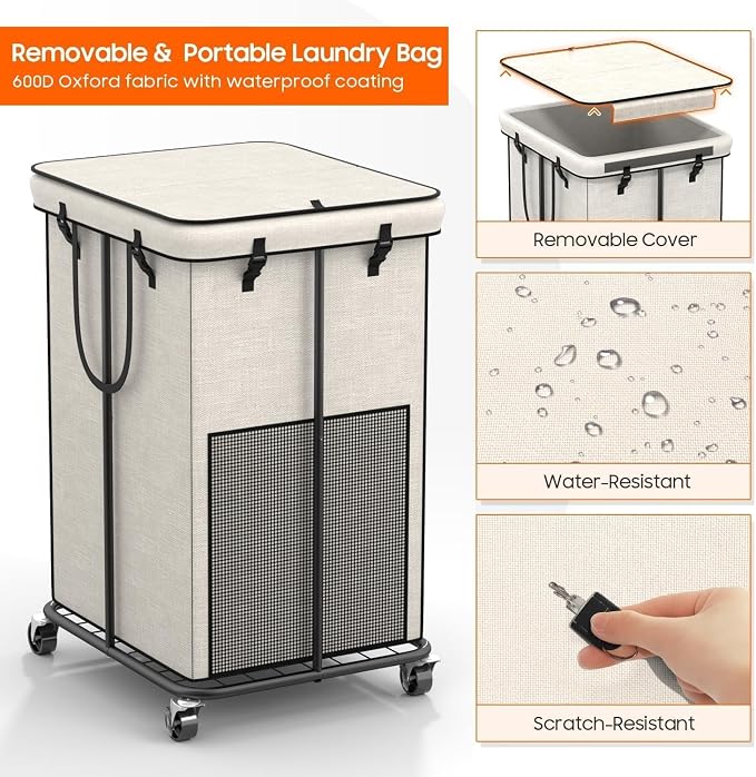 160L Laundry Hamper with Lid & Wheels, Rolling Laundry Basket with Bag - Image 4