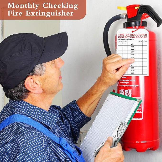 Chunful 101 Pieces Monthly Fire Extinguisher Inspection Tags 2026 to 2029 Plastic Maintenance Record Tags 5 x 3.25 Inch with Hole Puncher Adjustable Wire Ties Tamper Seals Numbered Security(White)