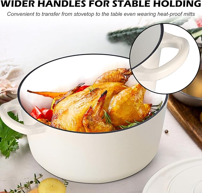 TeamFar 5Qt Dutch Oven, Enameled Cast Iron Dutch Oven with Lid & Dual Handles for Cooking Baking Braising Simmering, Healthy & Sturdy, Oven & Various Stovetops Safe, Non-stick & Easy Clean - Cream White