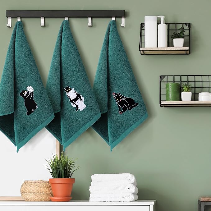 3 Pcs Cat Hand Towels for Bathroom Decor | Embroidered Black Cat Design - Image 4
