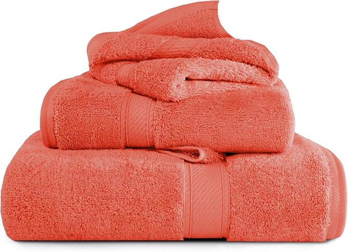 SUPERIOR Egyptian Cotton Ultra Plush & Absorbent, 3 Piece Set, Coral | Quick Dry by SUPERIOR