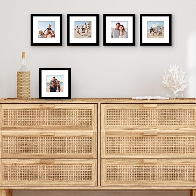 Americanflat 8x8 Picture Frame with Polished Plexiglass - Set of 5 - Use as 5x5 Frame with Mat or Display 8x8 Photo Without Mat - Galleria Collection - Square Frames for Tabletop and Wall - Black