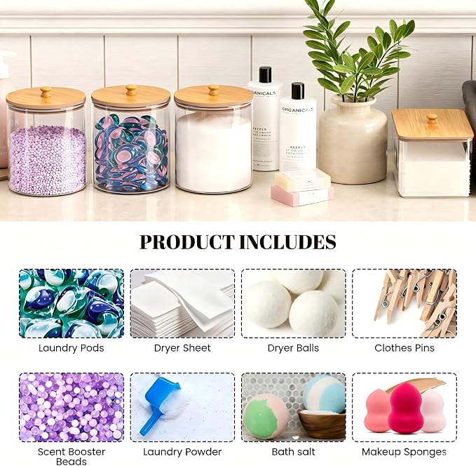 3+1 Pack Glass Laundry Pods Container & Acrylic Dryer Sheet Holder, Powder - Image 6