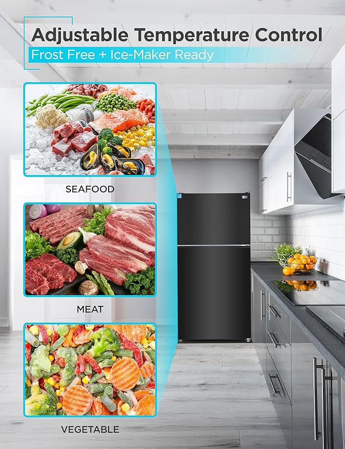 BLACK+DECKER 24 Cu. Ft. Top Mount Refrigerator with Freezer, 2 Door Refrigerator with Top Freezer and Adjustable Temperature Control, Full Size Kitchen, ENERGY STAR, BR2400JB, Black
