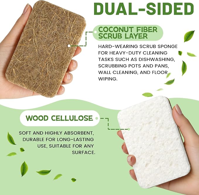 Natural Kitchen Sponges-12 Pack, Cellulose & Coconut Scrubber Dish Sponges | - Image 3