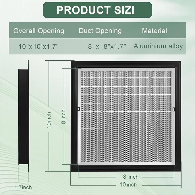 10"x10"Aluminum Attic Vent - Filter Screen for Removable,Vent Opening: 8" x 8"，Ideal for Gable and Sheds, Elevating Ventilation in Clean Spaces, Featuring a Refined Design