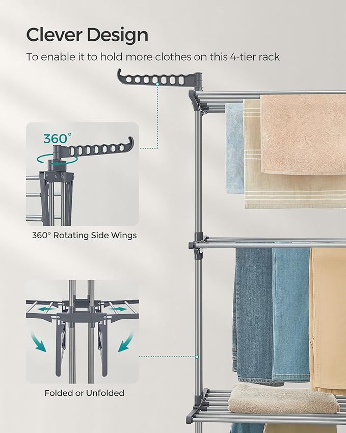 SONGMICS Clothes Drying Rack 4-Tier, Foldable Laundry Rack, Steel | Indoor - Image 6