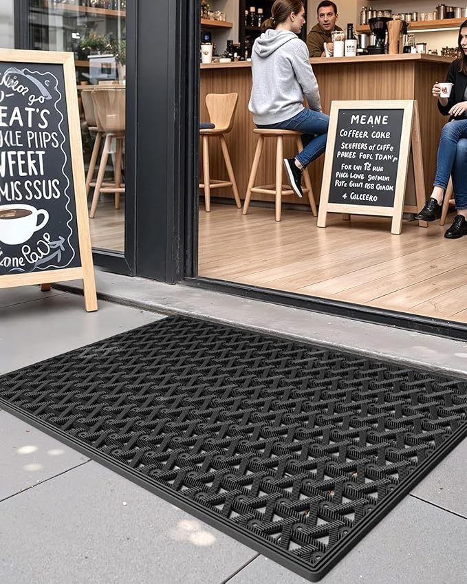 DEXI Front Door Mat Outside Entrance Rubber 19x30, Welcome Floor Doormat Heavy Duty Non Slip, Dirt Trapper Waterproof Exterior Entry Mats All Weather for Patio Entryway Drainage, Black