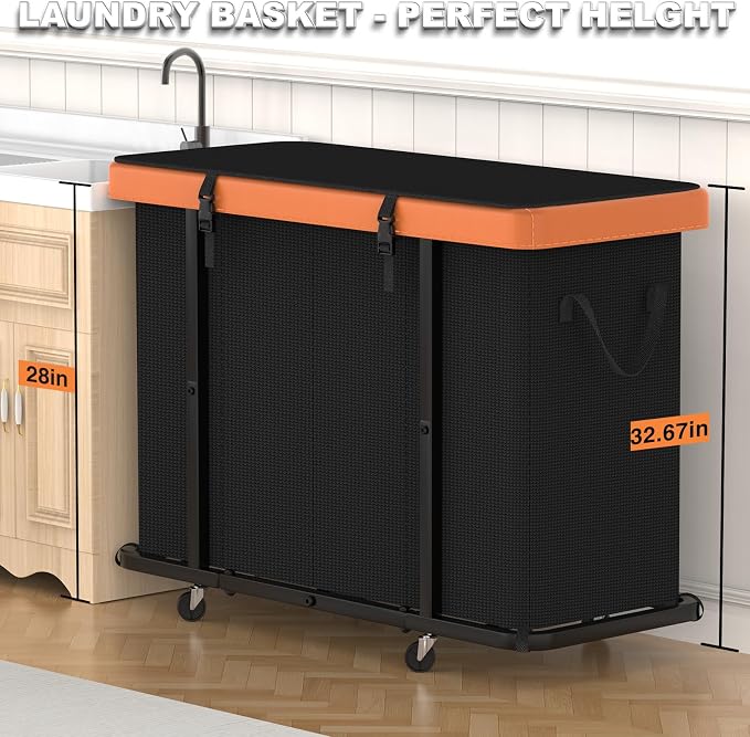 Laundry Basket with Wheels, 300L Leather Patchwork Laundry Sorter 4 Section - Image 4