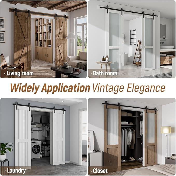 CCJH 20FT Sliding Barn Door Hardware Kit, Heavy Duty, Smoothly and Quietly, Easy to Install, Fit 60" Width Double Door Panel, Basic Style Hangers Black