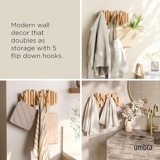 Umbra Picket Coat Rack, Wall Mount 5 Flip-Down Coat Hooks, Natural | Beveled - Image 4