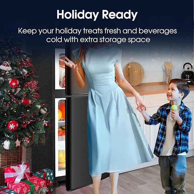 3.2 Cu.Ft Fridge with Freezer, Double Door Refrigerator with Freezer, Temperature Control, Adjustable Shelves, Fridge for Office, Bedroom, Dorm, Garage, RV