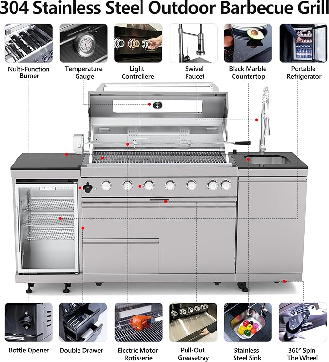 Outdoor Kitchen Island, 82 Inch 85000 BTU Gas Grill Combination With Refrigerator and Sink, Outdoor Stainless Steel Barbecue Bar,Natural Gas Barbecue Grill for Patios, Gardens, Parties